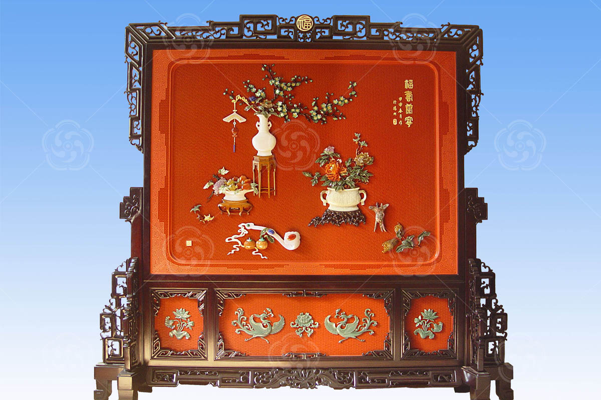 雕漆嵌玉玉堂富貴臺(tái)屏